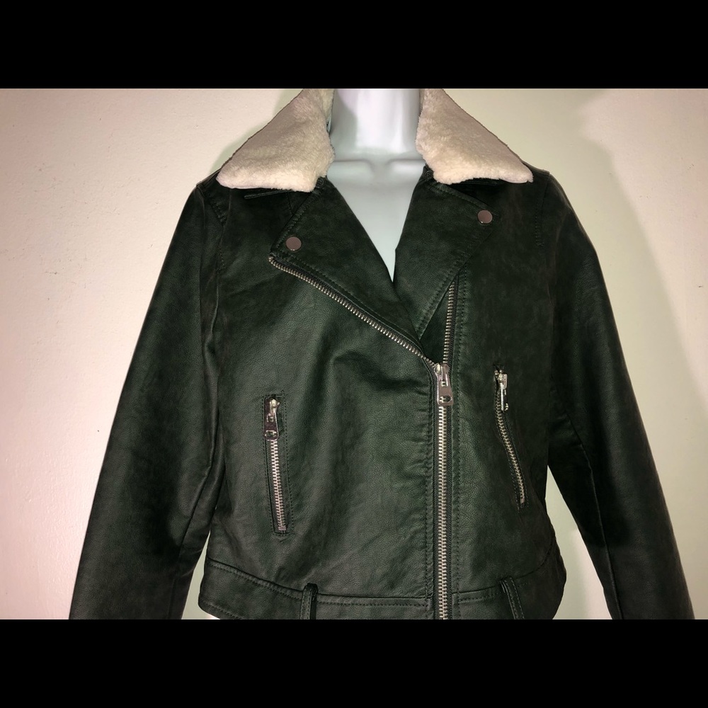 Hunter Green pleather Jacket with wool collar